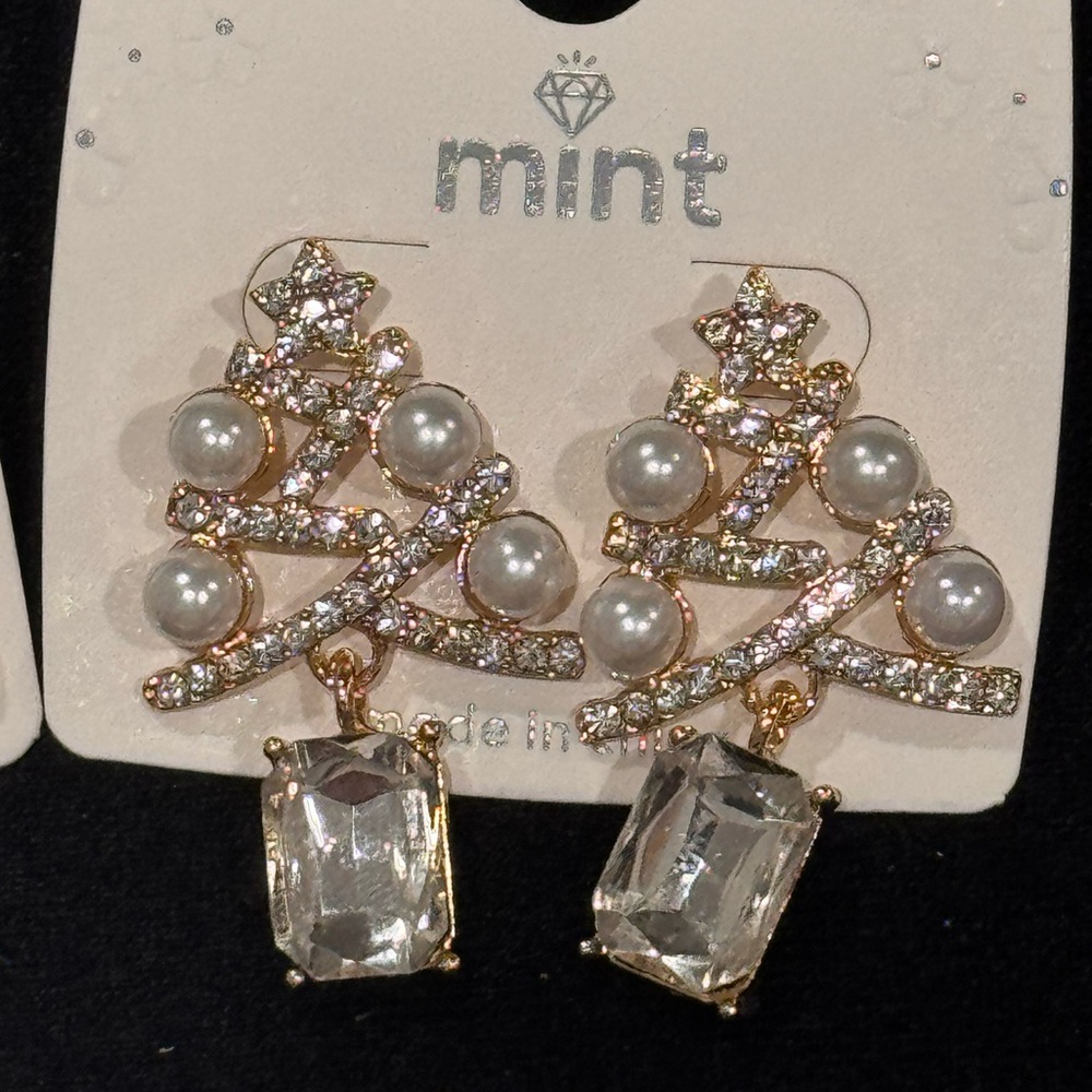 Mint Gold and Clear Gem Christmas Tree Earrings